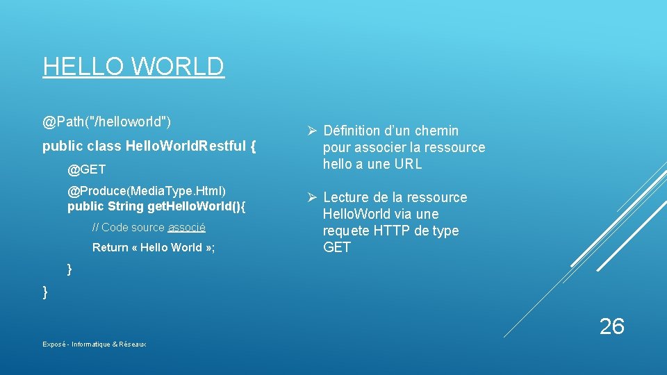 HELLO WORLD @Path("/helloworld") public class Hello. World. Restful { @GET @Produce(Media. Type. Html) public