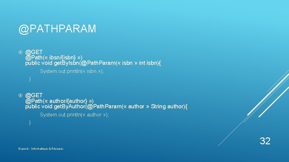 @PATHPARAM @GET @Path( « ibsn/{isbn} » ) public void get. By. Isbn(@Path. Param( «