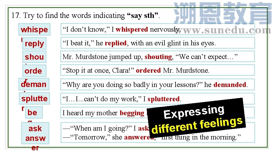 17. Try to find the words indicating “say sth”. whispe r reply “I don’t