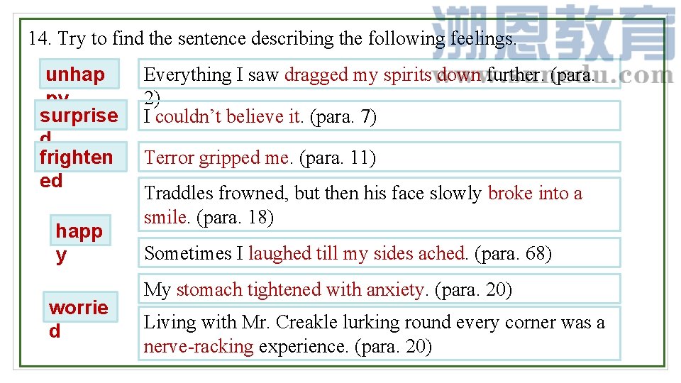 14. Try to find the sentence describing the following feelings. unhap py surprise d