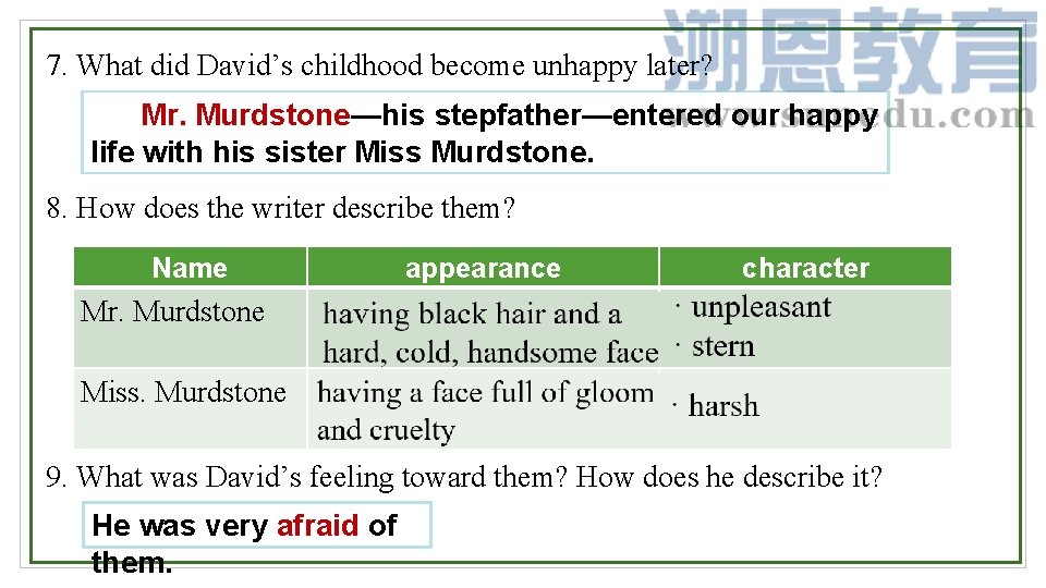 7. What did David’s childhood become unhappy later? Mr. Murdstone—his stepfather—entered our happy 1