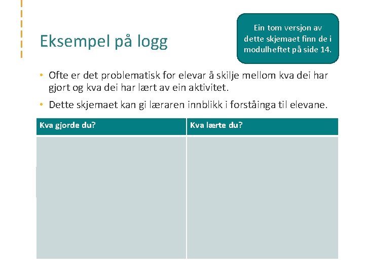 Ein tom versjon av dette skjemaet finn de i modulheftet på side 14. Eksempel