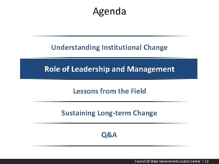 Agenda Understanding Institutional Change Role of Leadership and Management Lessons from the Field Sustaining