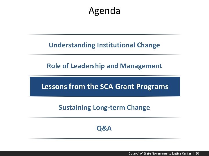Agenda Understanding Institutional Change Role of Leadership and Management Lessons from the SCA Grant
