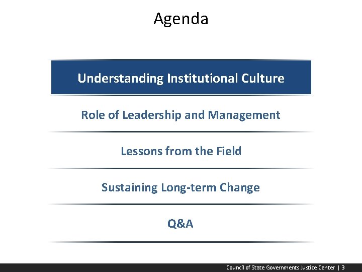 Agenda Understanding Institutional Culture Role of Leadership and Management Lessons from the Field Sustaining
