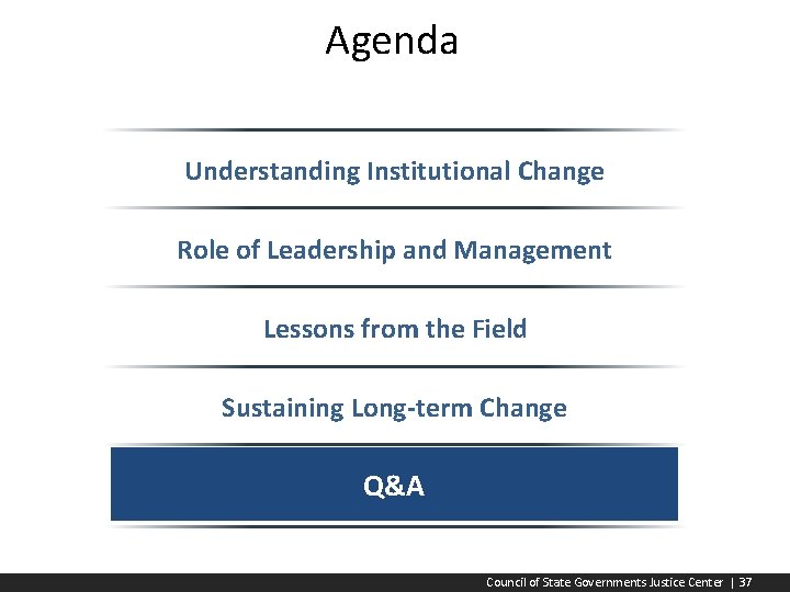 Agenda Understanding Institutional Change Role of Leadership and Management Lessons from the Field Sustaining