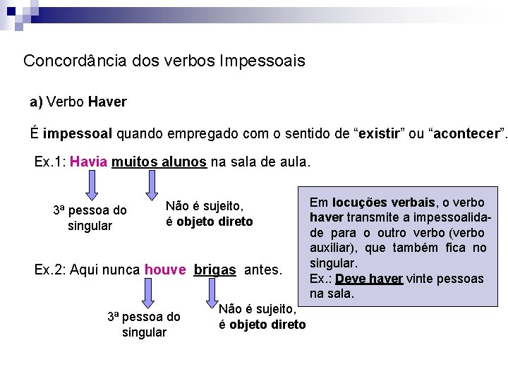 Concordância dos verbos Impessoais a) Verbo Haver É impessoal quando empregado com o sentido