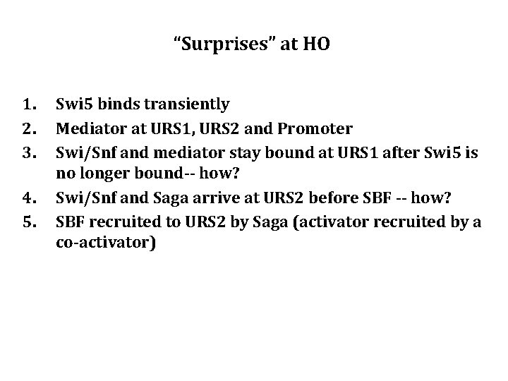 “Surprises” at HO 1. 2. 3. 4. 5. Swi 5 binds transiently Mediator at