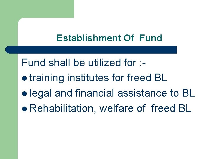 Establishment Of Fund shall be utilized for : l training institutes for freed BL