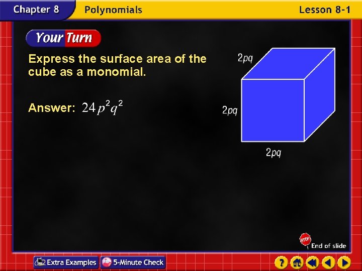 Express the surface area of the cube as a monomial. Answer: 