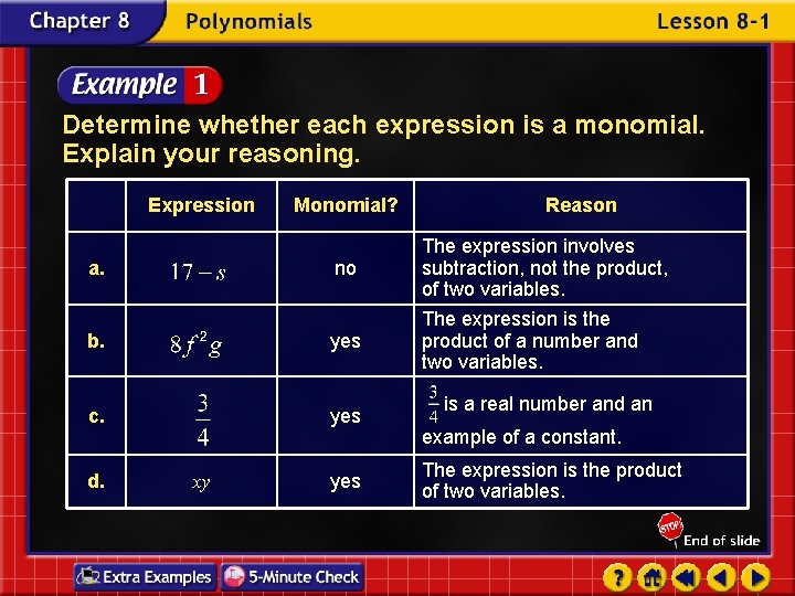 Determine whether each expression is a monomial. Explain your reasoning. Expression Monomial? a. no