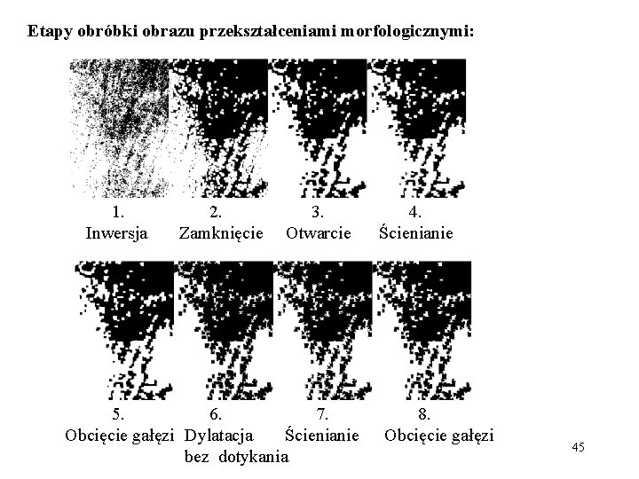 Etapy obróbki obrazu przekształceniami morfologicznymi: 1. Inwersja 2. Zamknięcie 3. Otwarcie 5. 6. 7.