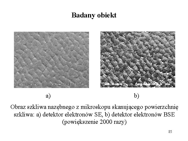 Badany obiekt a) b) Obraz szkliwa nazębnego z mikroskopu skanującego powierzchnię szkliwa: a) detektor