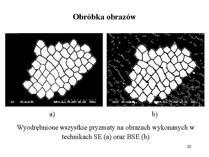 Obróbka obrazów a) b) Wyodrębnione wszystkie pryzmaty na obrazach wykonanych w technikach SE (a)