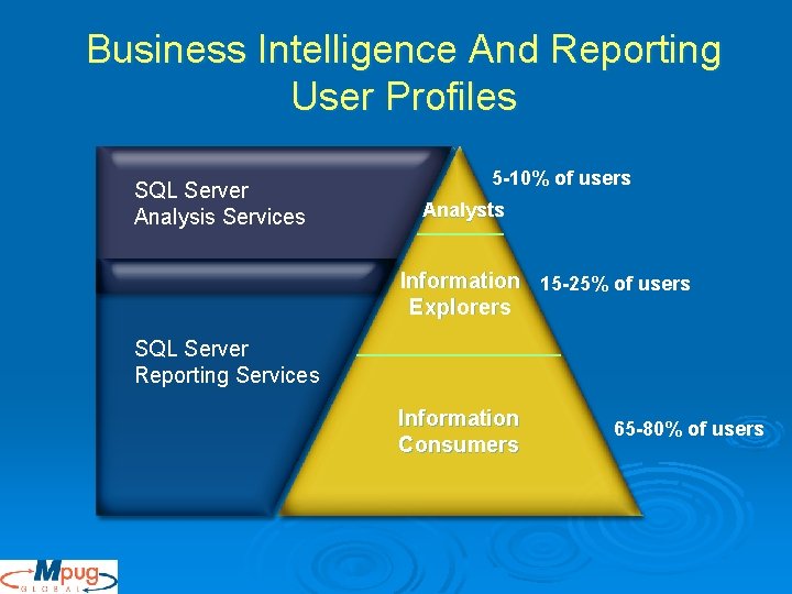 Business Intelligence And Reporting User Profiles SQL Server Analysis Services 5 -10% of users Business Intelligence And Reporting User Profiles SQL Server Analysis Services 5 -10% of users