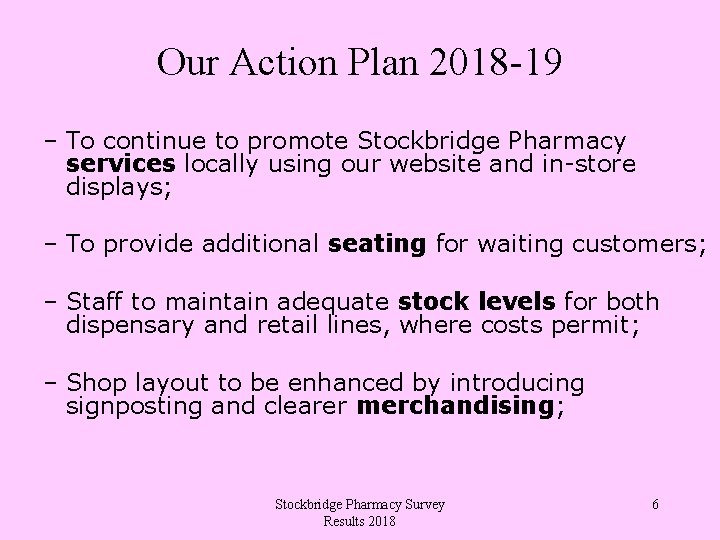 Our Action Plan 2018 -19 – To continue to promote Stockbridge Pharmacy services locally