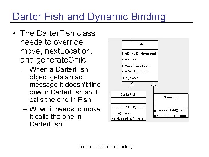 Darter Fish and Dynamic Binding • The Darter. Fish class needs to override move,