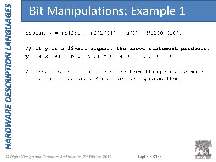 Bit Manipulations: Example 1 assign y = {a[2: 1], {3{b[0]}}, a[0], 6'b 100_010}; //