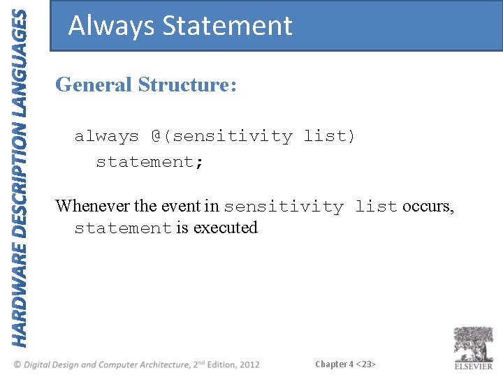 Always Statement General Structure: always @(sensitivity list) statement; Whenever the event in sensitivity list