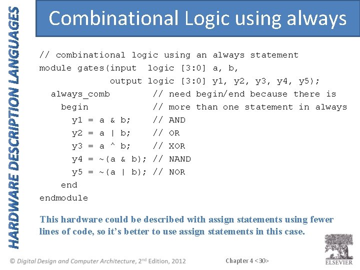 Combinational Logic using always // combinational logic using an always statement module gates(input logic