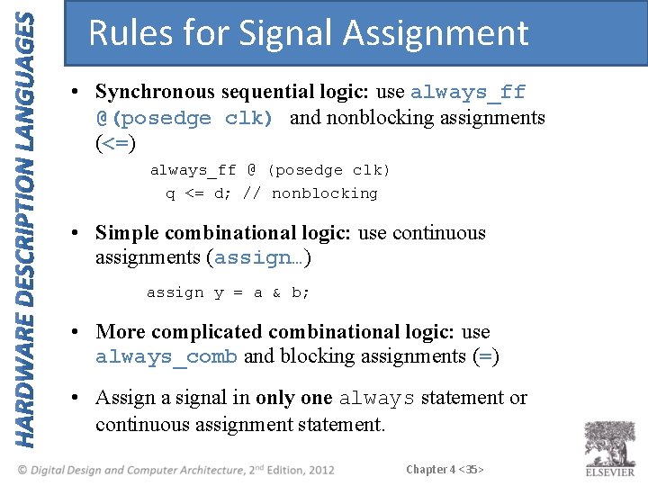 Rules for Signal Assignment • Synchronous sequential logic: use always_ff @(posedge clk) and nonblocking