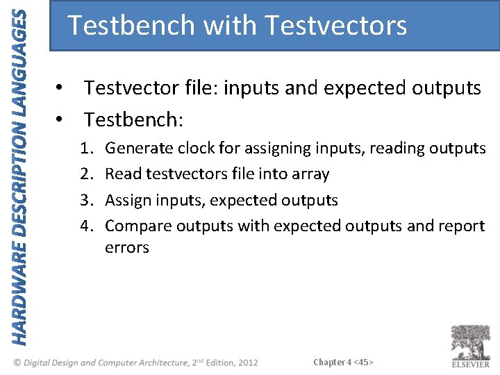 Testbench with Testvectors • Testvector file: inputs and expected outputs • Testbench: 1. 2.