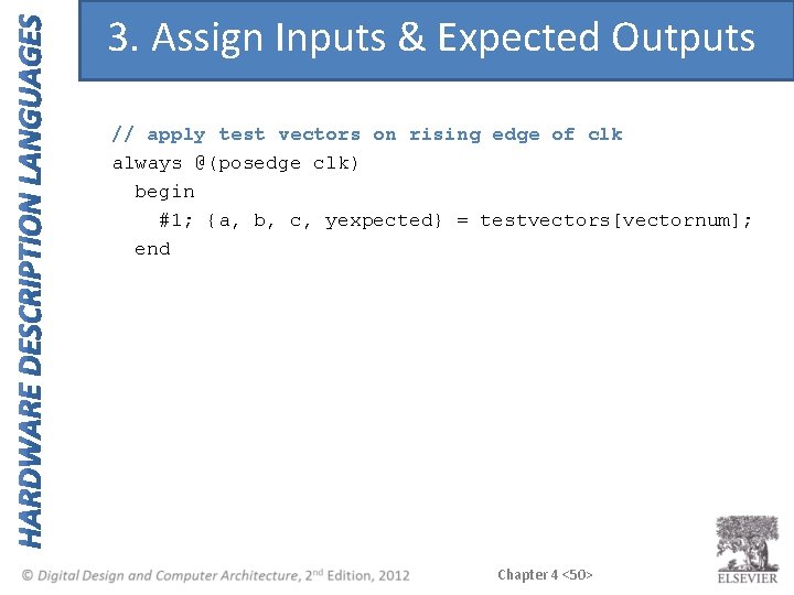 3. Assign Inputs & Expected Outputs // apply test vectors on rising edge of