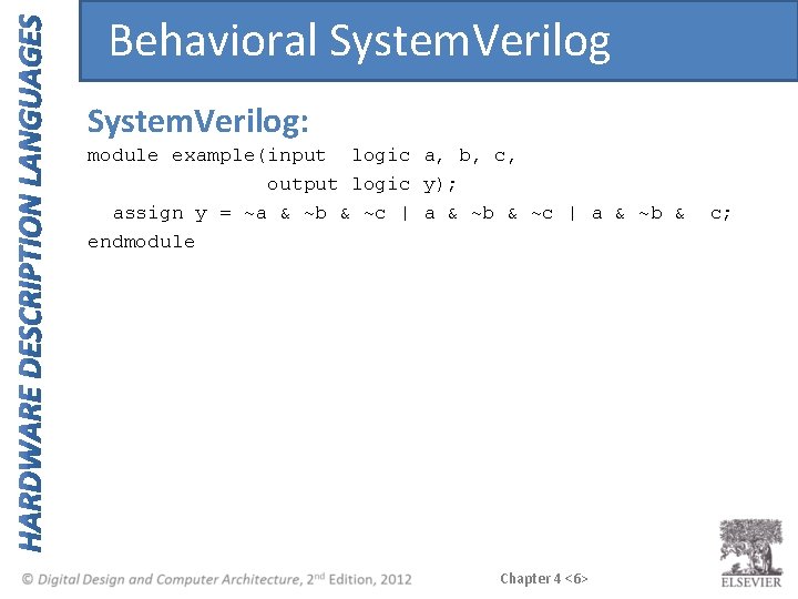 Behavioral System. Verilog: module example(input logic a, b, c, output logic y); assign y