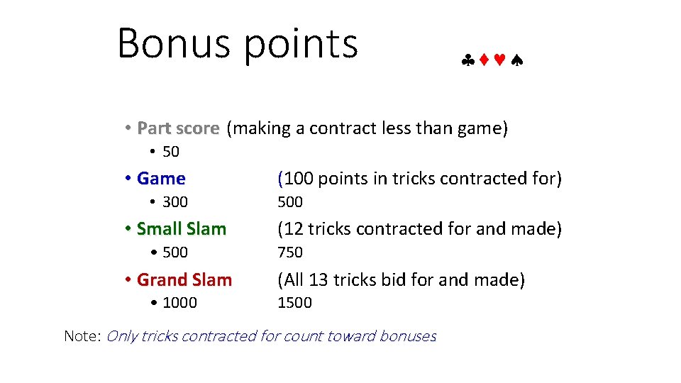 Bonus points • Part score (making a contract less than game) • 50 •