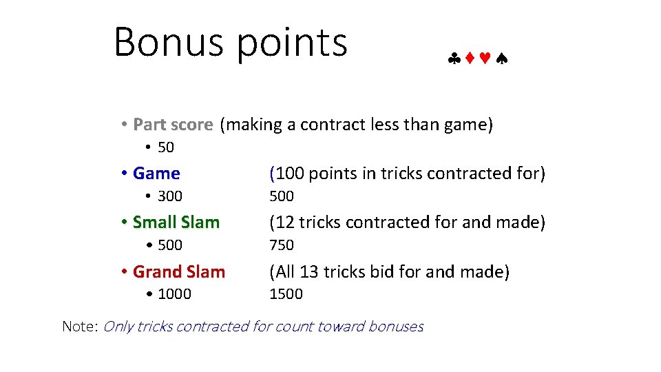 Bonus points • Part score (making a contract less than game) • 50 • Bonus points • Part score (making a contract less than game) • 50 •