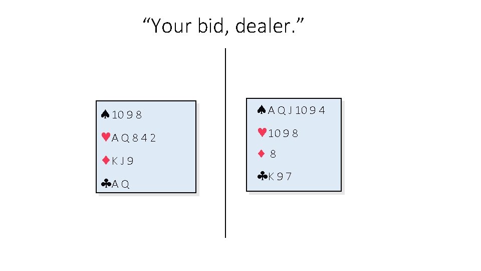 “Your bid, dealer. ” 10 9 8 A Q 8 4 2 K J “Your bid, dealer. ” 10 9 8 A Q 8 4 2 K J