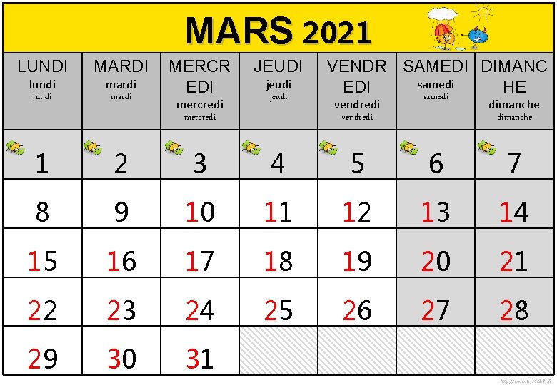 MARS 2021 LUNDI MARDI MERCR EDI lundi mardi 1 2 3 4 5 6