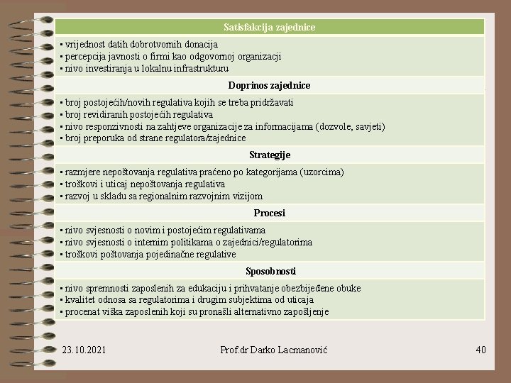 Satisfakcija zajednice • vrijednost datih dobrotvornih donacija • percepcija javnosti o firmi kao odgovornoj