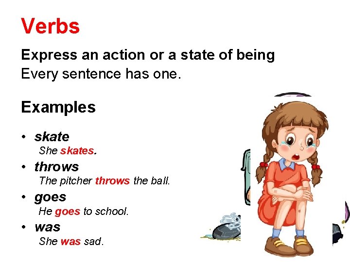 Verbs Express an action or a state of being Every sentence has one. Examples