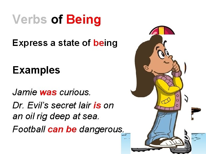 Verbs of Being Express a state of being Examples Jamie was curious. Dr. Evil’s