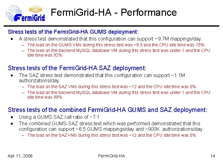 Fermi. Grid-HA - Performance Stress tests of the Fermi. Grid-HA GUMS deployment: A stress