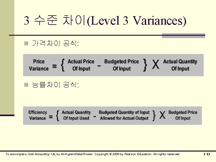 3 수준 차이(Level 3 Variances) n 가격차이 공식: n 능률차이 공식: To accompany Cost