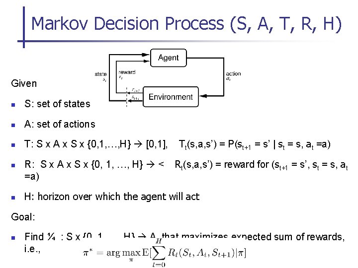 Markov Decision Process (S, A, T, R, H) Given n S: set of states