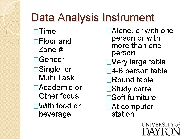 Data Analysis Instrument �Time �Floor and Zone # �Gender �Single or Multi Task �Academic