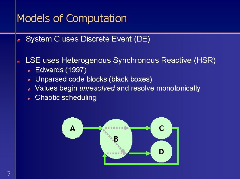 Models of Computation System C uses Discrete Event (DE) LSE uses Heterogenous Synchronous Reactive
