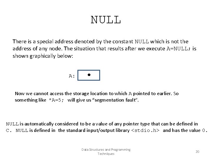 NULL There is a special address denoted by the constant NULL which is not