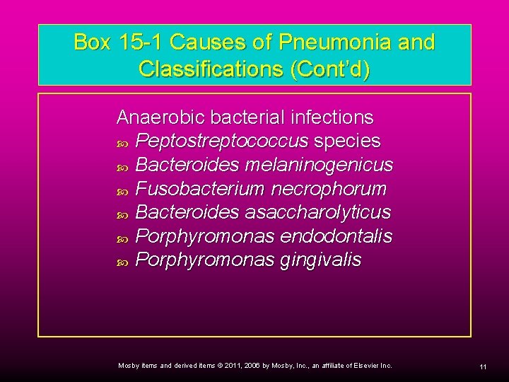 Box 15 -1 Causes of Pneumonia and Classifications (Cont’d) Anaerobic bacterial infections Peptostreptococcus species Box 15 -1 Causes of Pneumonia and Classifications (Cont’d) Anaerobic bacterial infections Peptostreptococcus species