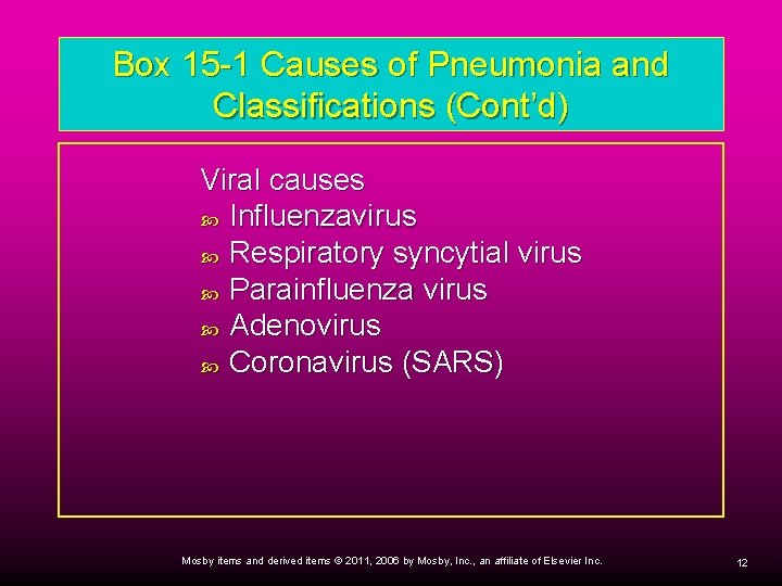 Box 15 -1 Causes of Pneumonia and Classifications (Cont’d) Viral causes Influenzavirus Respiratory syncytial Box 15 -1 Causes of Pneumonia and Classifications (Cont’d) Viral causes Influenzavirus Respiratory syncytial