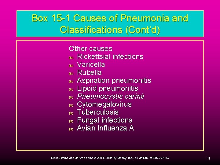 Box 15 -1 Causes of Pneumonia and Classifications (Cont’d) Other causes Rickettsial infections Varicella Box 15 -1 Causes of Pneumonia and Classifications (Cont’d) Other causes Rickettsial infections Varicella