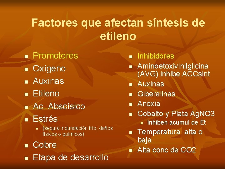 Factores que afectan síntesis de etileno n n n Promotores Oxígeno Auxinas Etileno Ac.