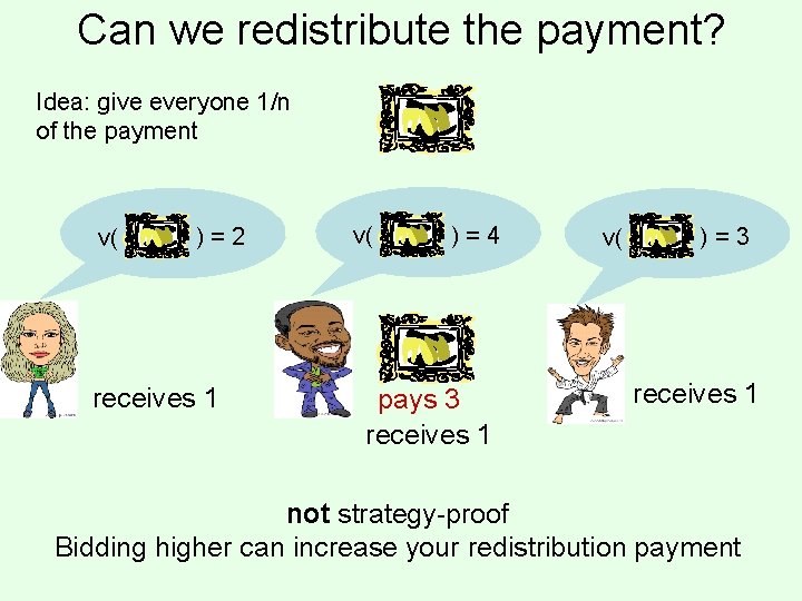 Can we redistribute the payment? Idea: give everyone 1/n of the payment v( )=2