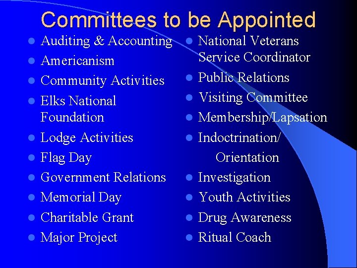 Committees to be Appointed l l l l l Auditing & Accounting Americanism Community