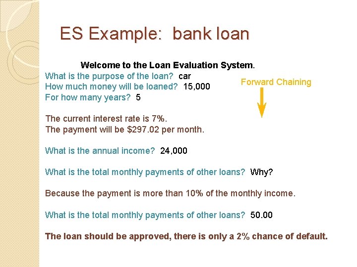 ES Example: bank loan Welcome to the Loan Evaluation System. What is the purpose