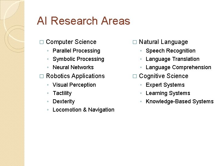 AI Research Areas � Computer Science � ◦ Parallel Processing ◦ Symbolic Processing ◦