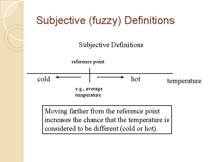 Subjective (fuzzy) Definitions Subjective Definitions reference point cold hot temperature e. g. , average